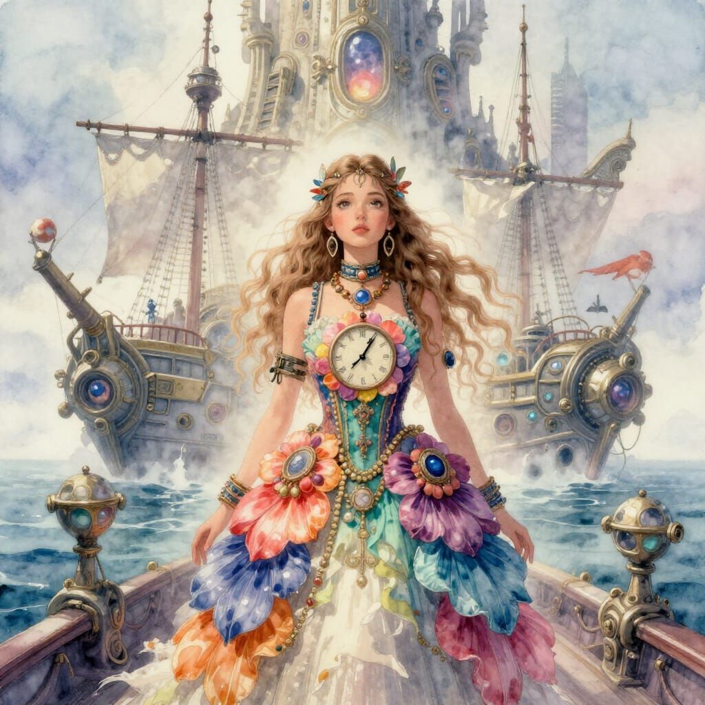 Ocean Punk Princess in Petal Dress on Hope Punk Ship