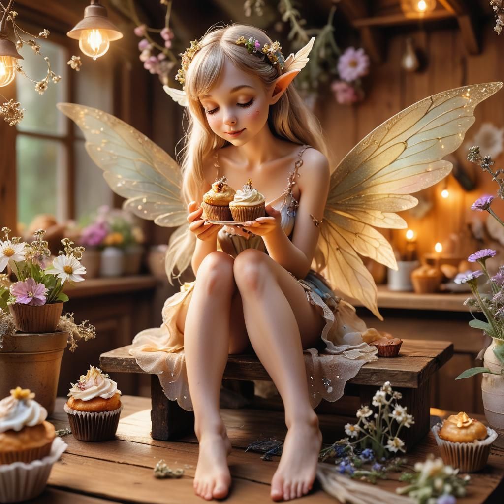 Miniature Fairy Eating Muffin in Cozy Kitchen