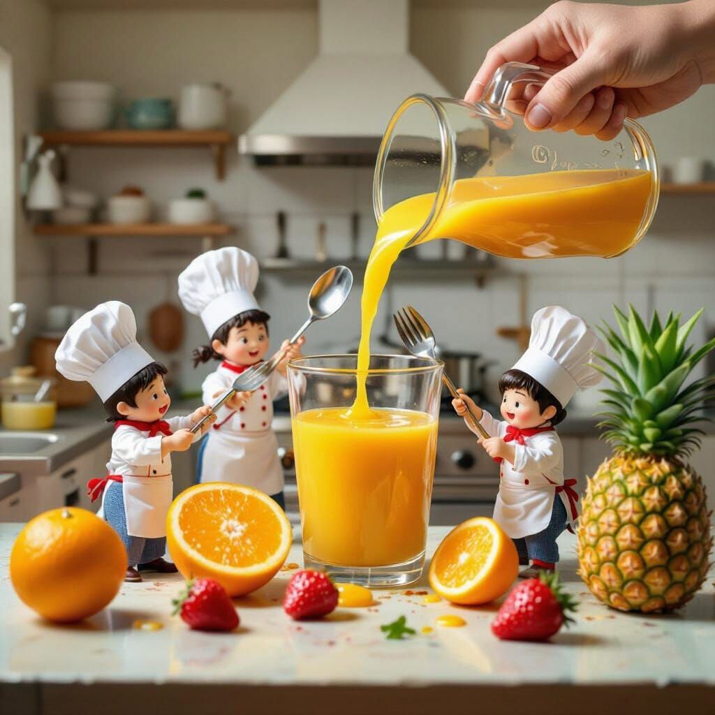 Miniature Chefs Prepare Giant Juice in Whimsical Style