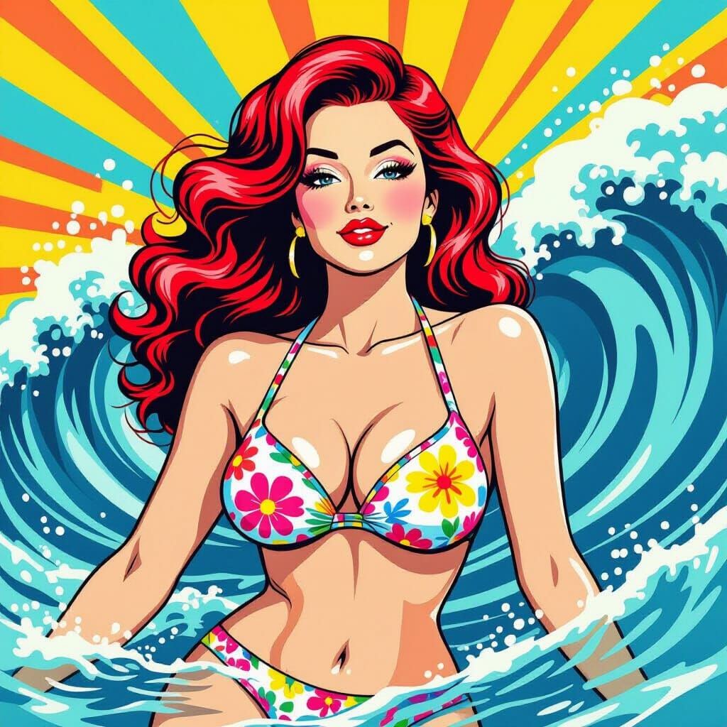 Pop Art Pin-Up Girl in Crashing Waves