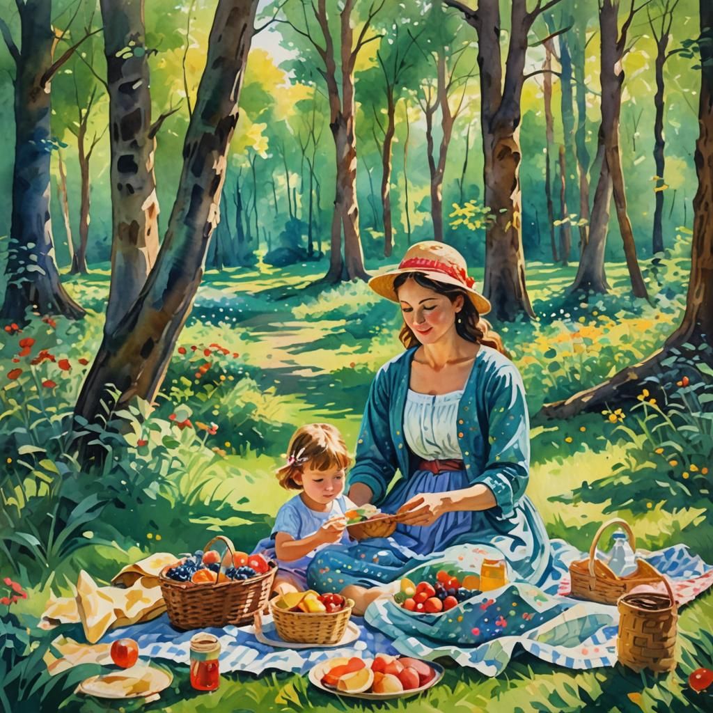 Forest Picnic: An Impressionist Gouache Painting