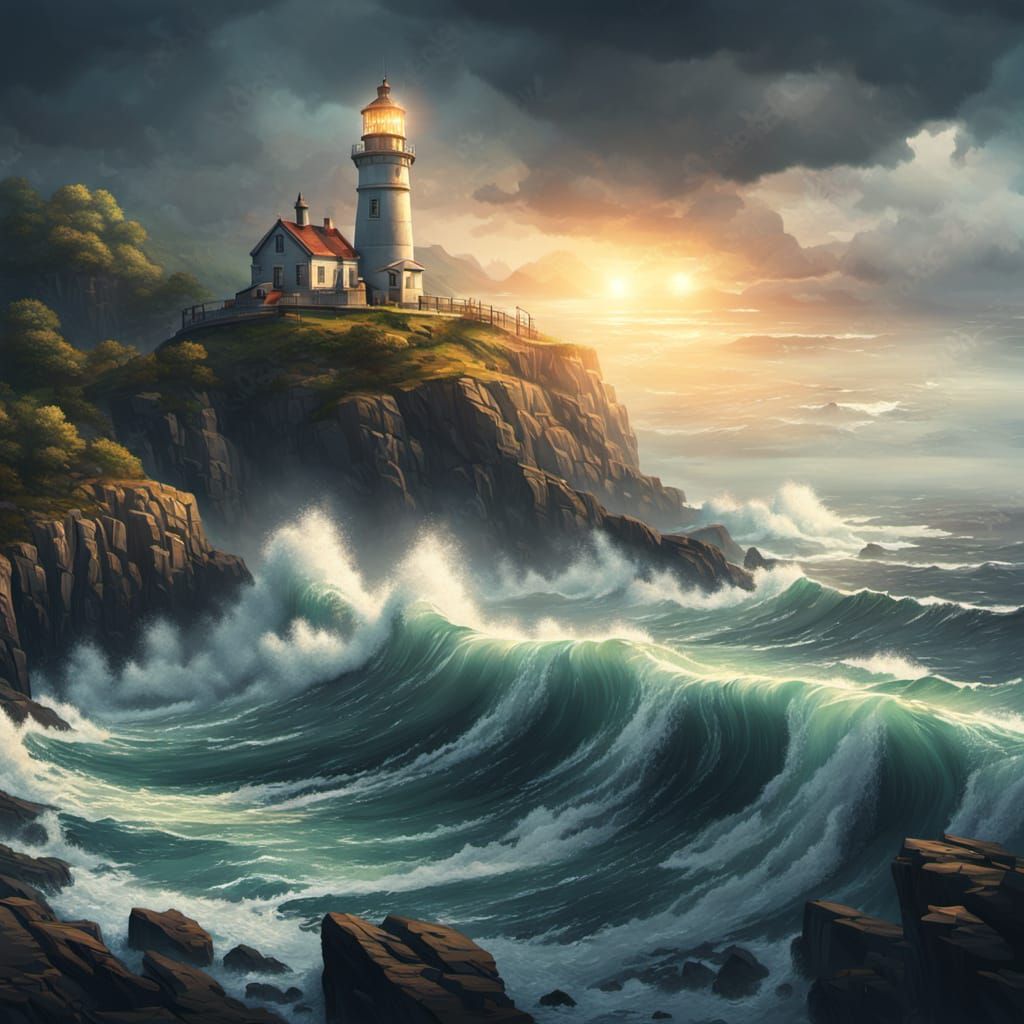 Lighthouse at Cliff's Edge in Oil Painting Style