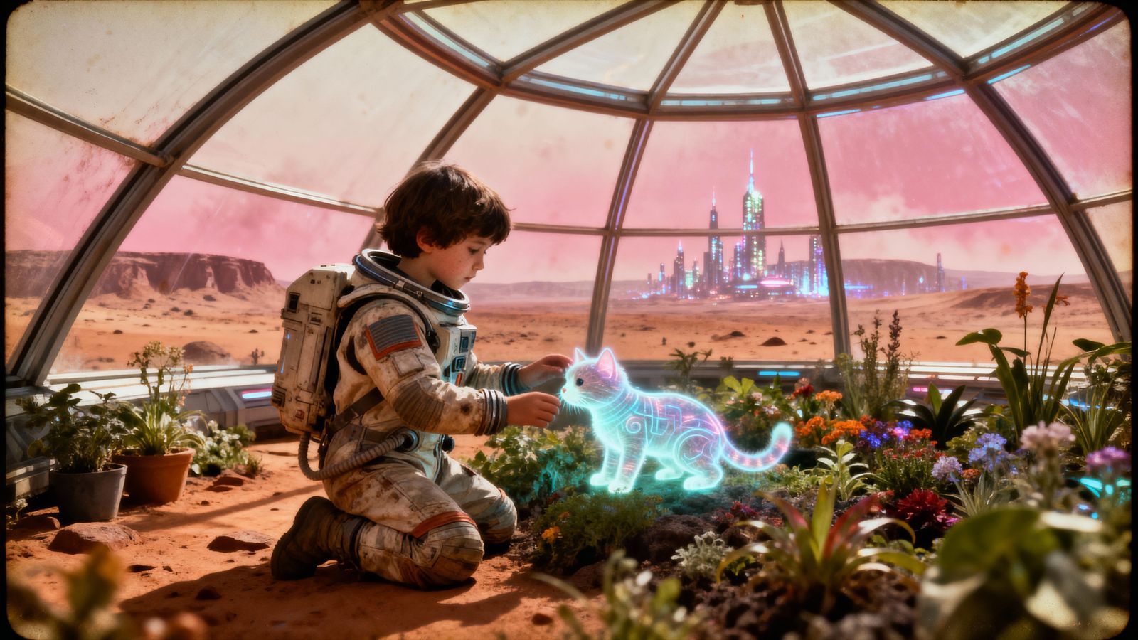 Child Plays With Holographic Pet in Martian Biodome