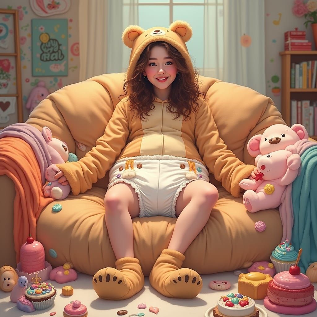 Woman in Cartoonish Diaper and Bear Onesie Surrounded by Toy...