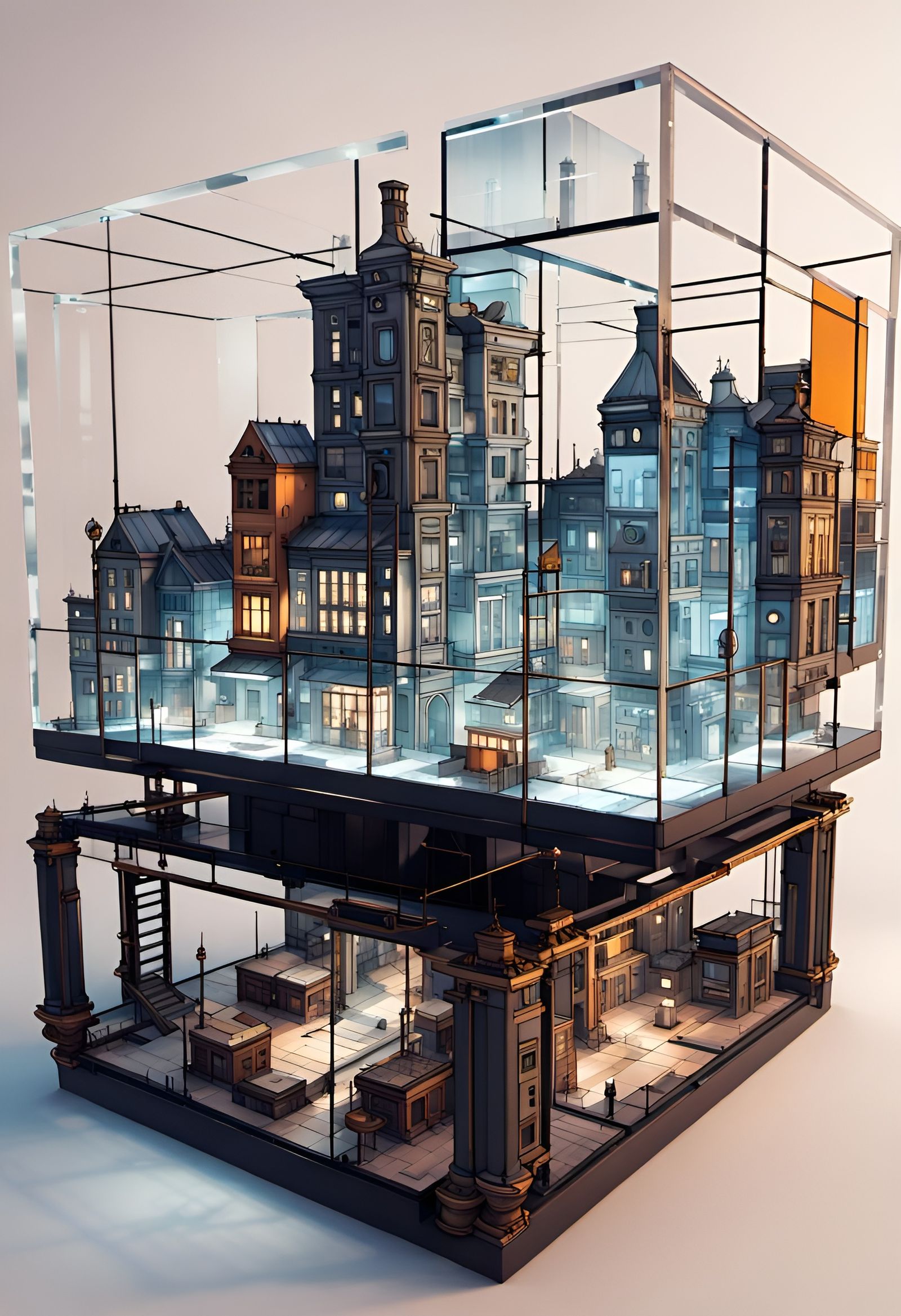 Futuristic Steampunk City in Glass Cube