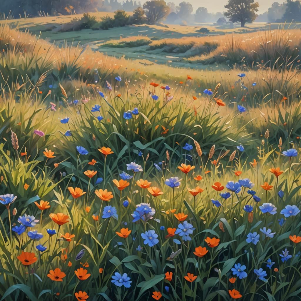 Serene Wildflower Meadow Oil Painting in Winter Light