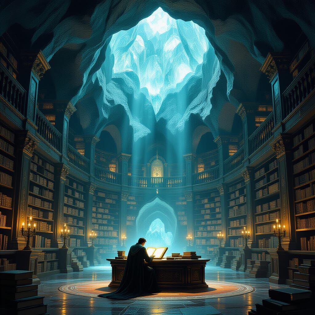 Ancient Geode Library Illuminated by Crystal Light