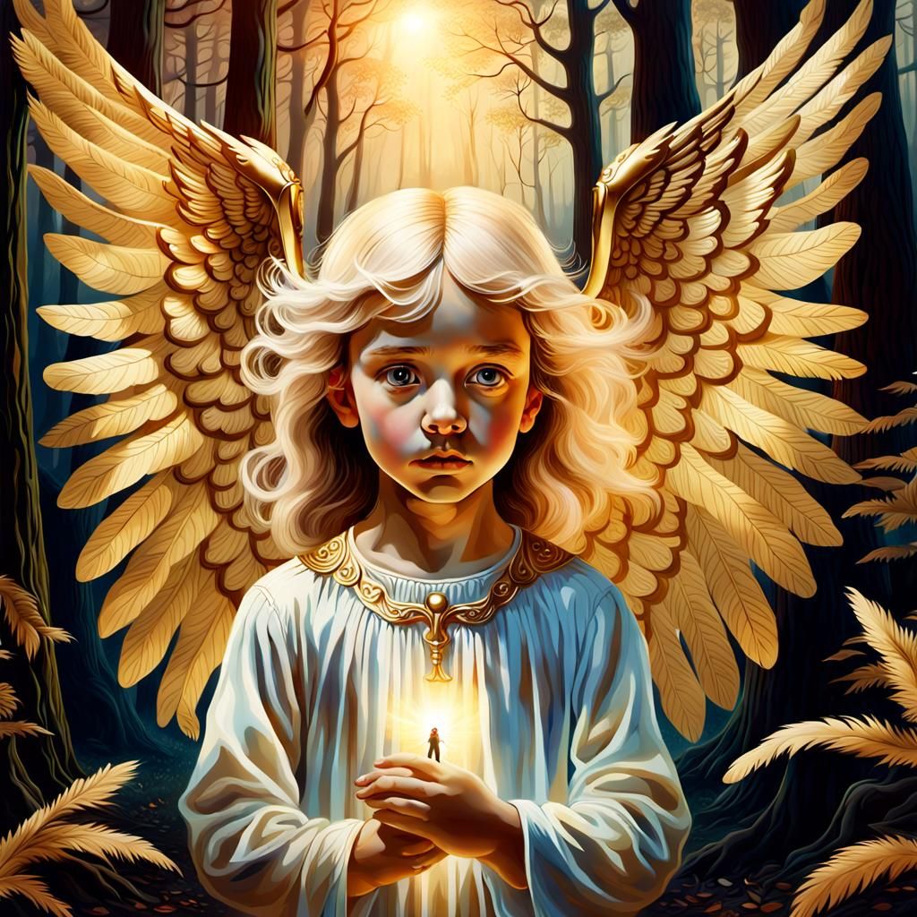 Child Protected by Angel in Surreal Dark Forest