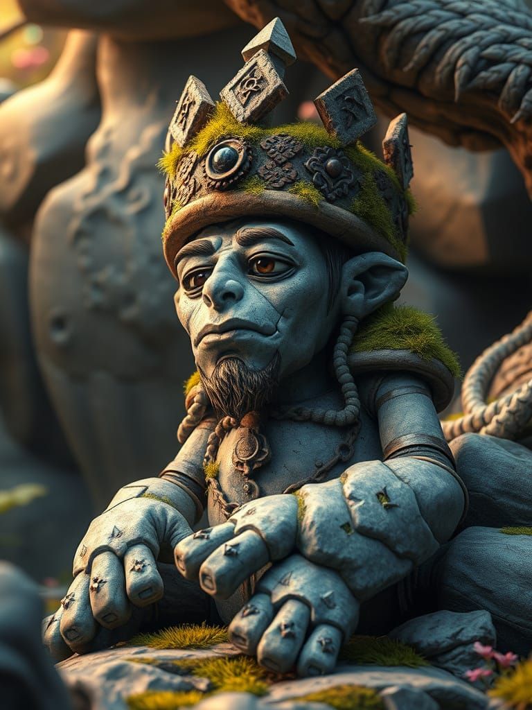 Whimsical Stone Golem King in Contemplative Repose