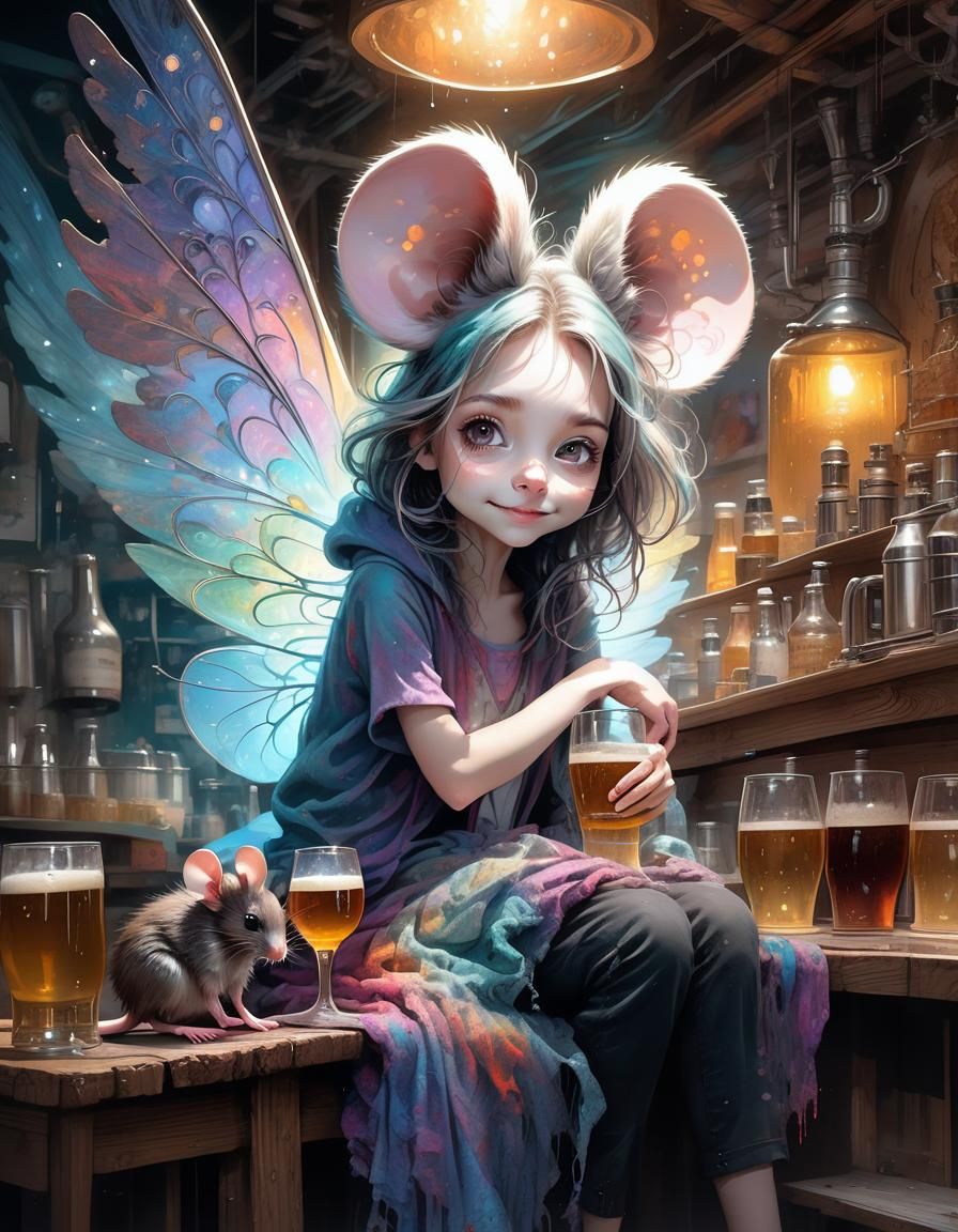 Adorable Mouse Girl in Cozy Brewery, Ethereal Ink Flow