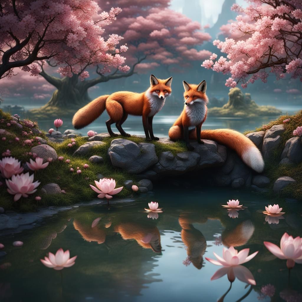 Foxes Playing by Lotus Pond: Fantasy Concept Art