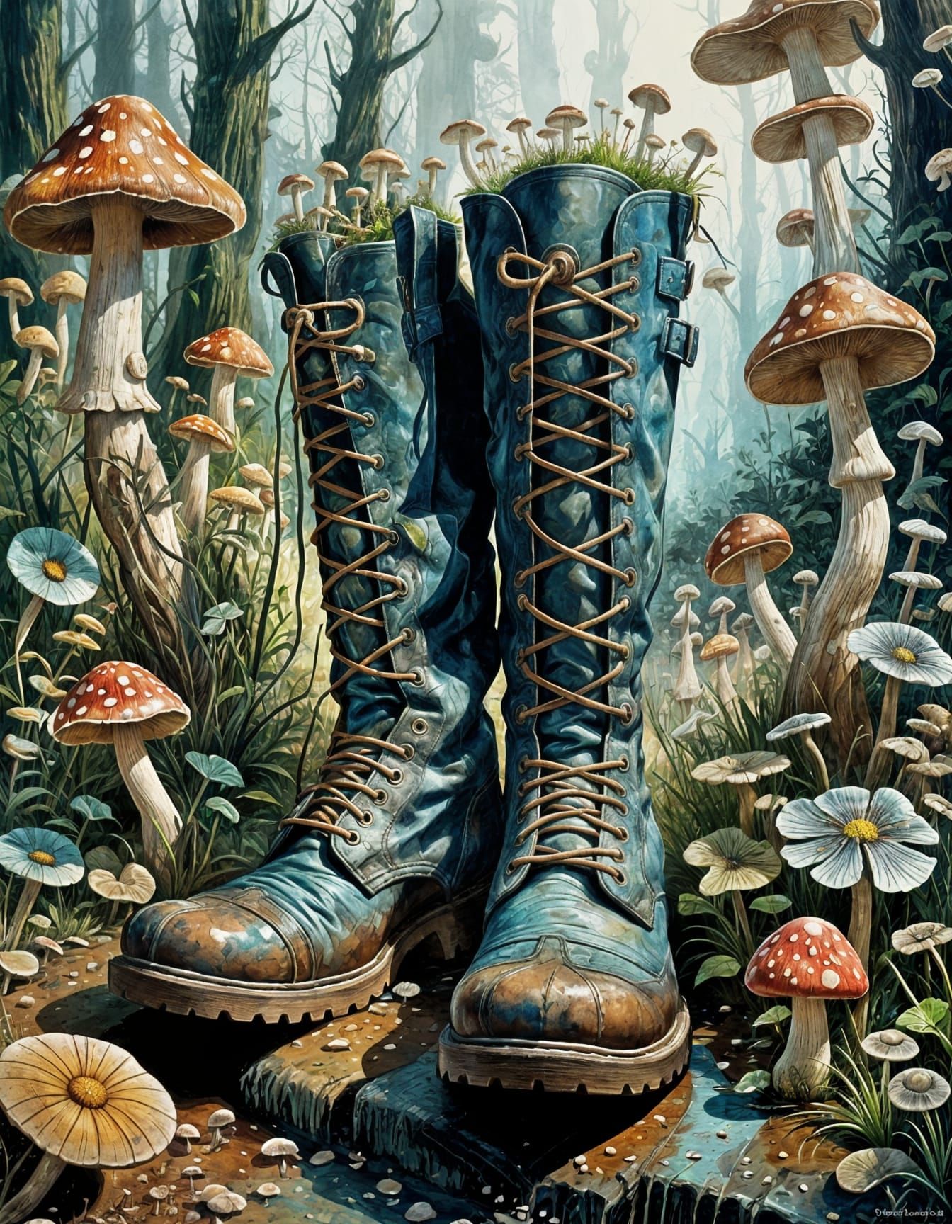 Whimsical Boots with Mushrooms in Surreal Garden