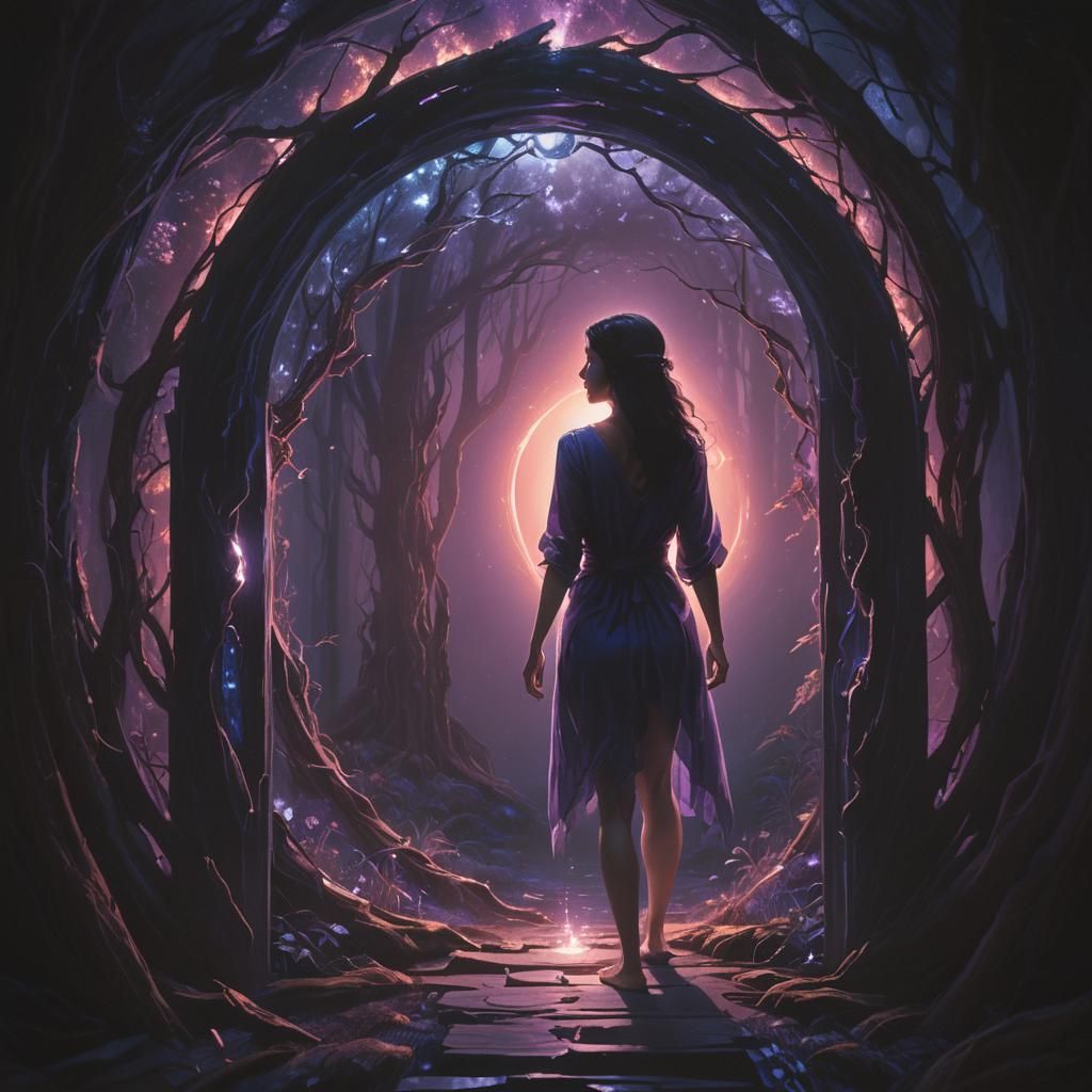 Woman Steps Through Portal in Dark Fantasy Art