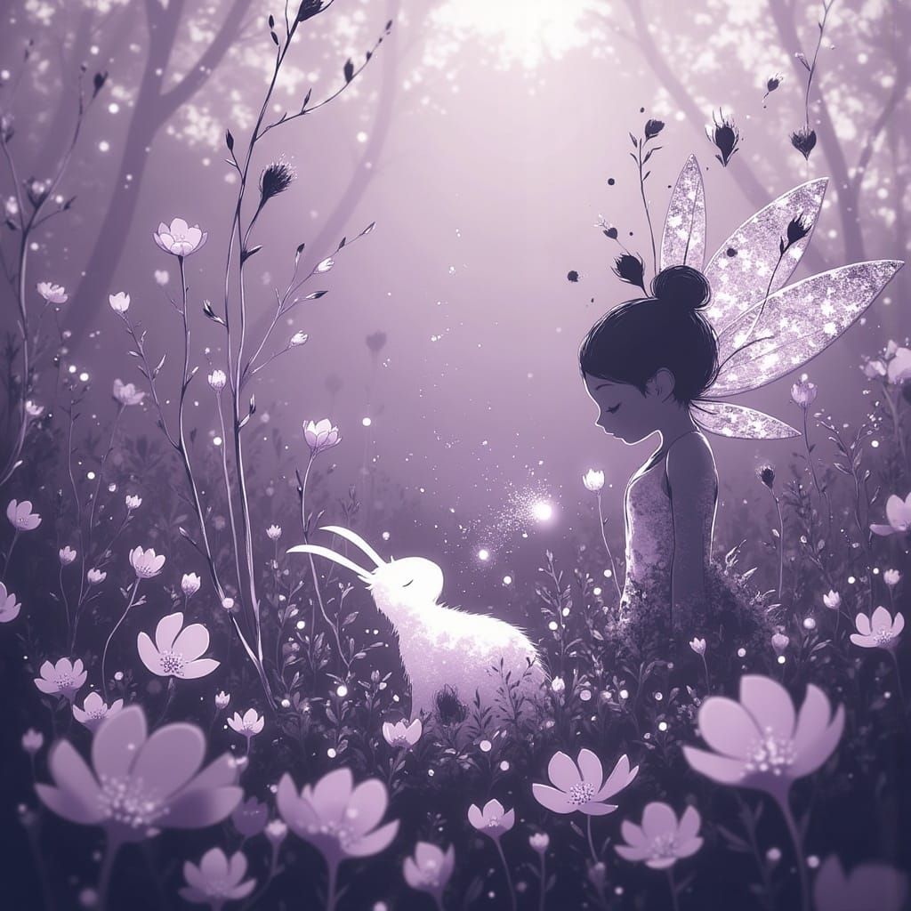 Enchanted Lavender Meadow with Bunny Fairies