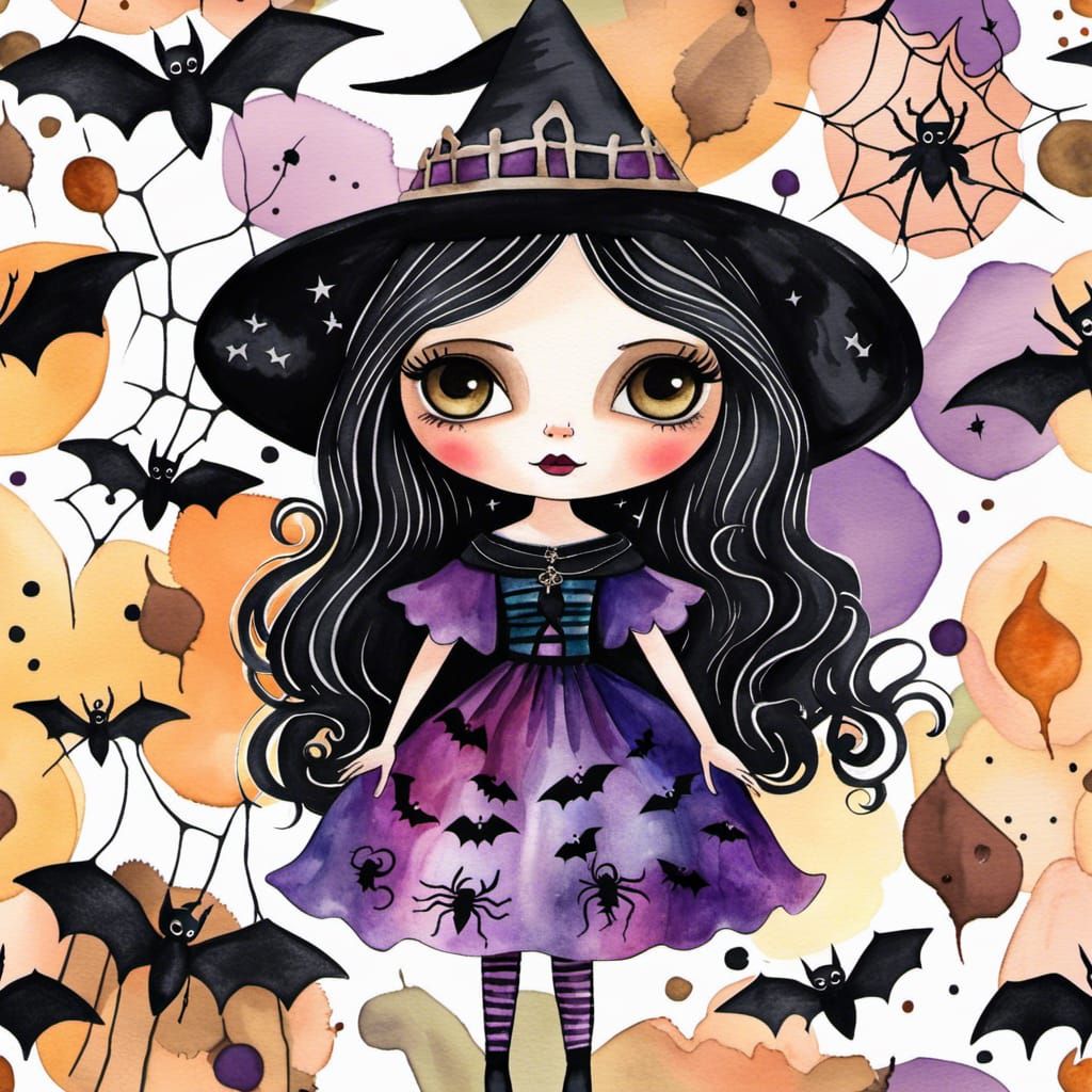 Cute Witch Doll in Art Brut Watercolor Style
