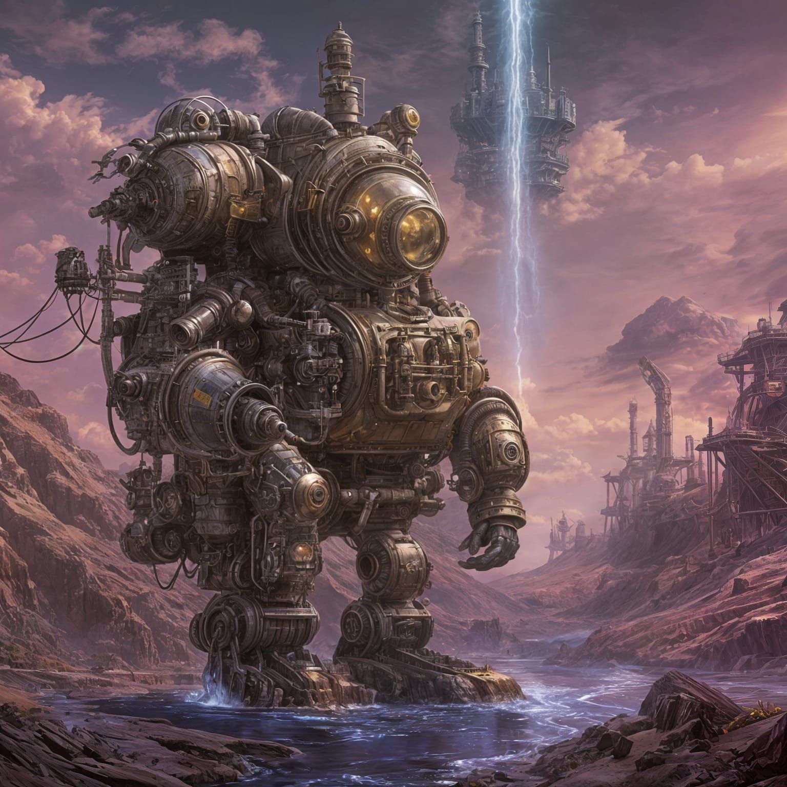 Steampunk Astronaut Operates Mining Equipment on Alien Plane...