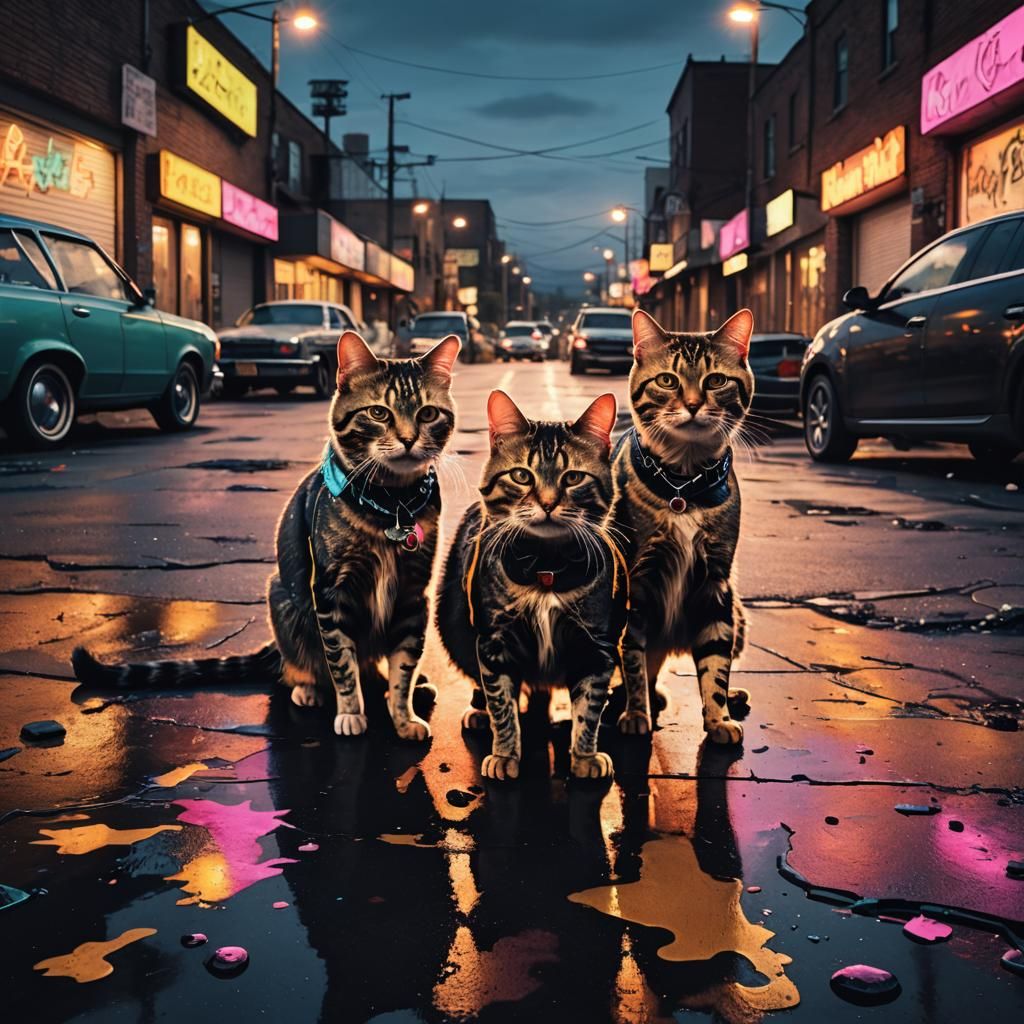 Rockabilly Cats in Parking Lot: Digital Matte Painting