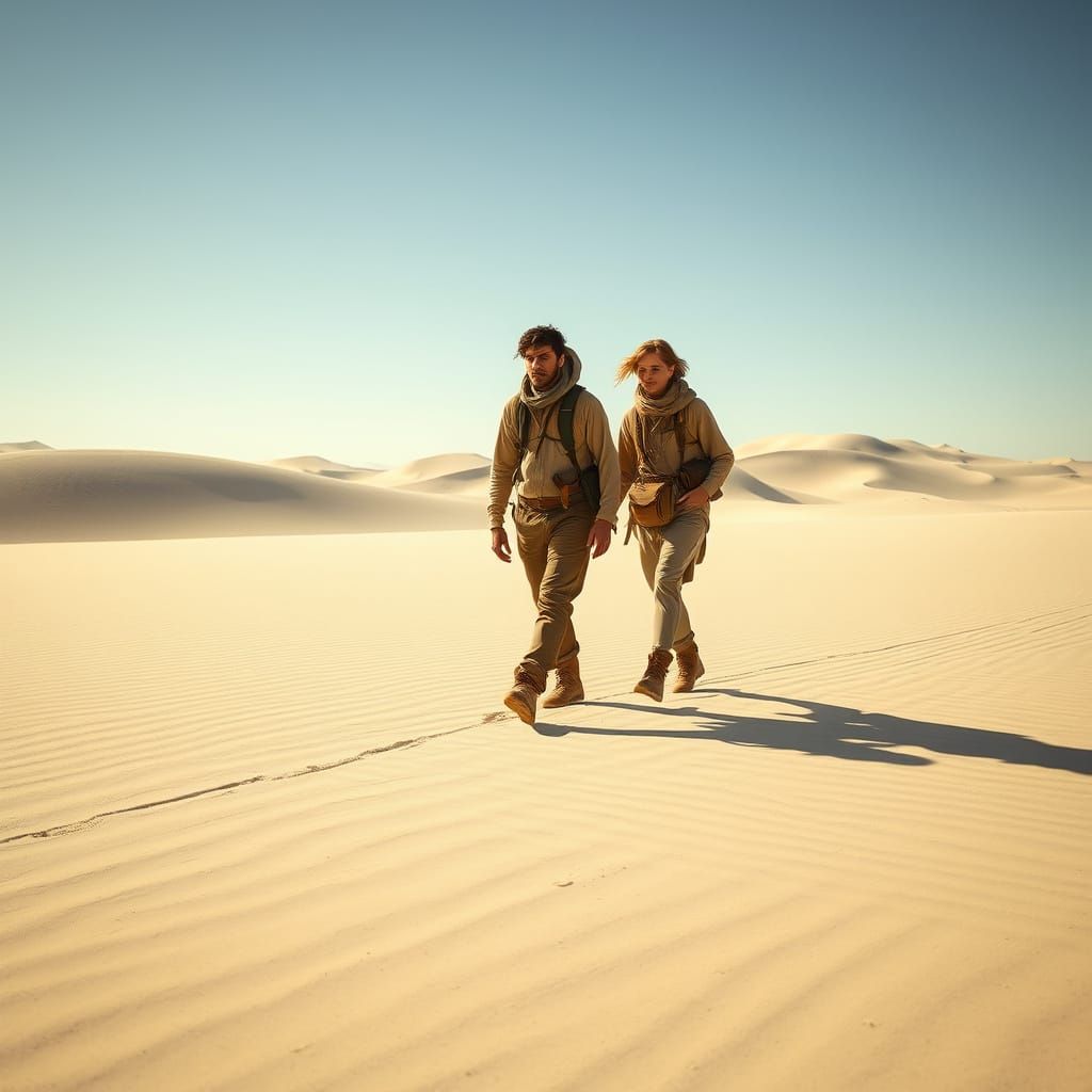 Travelers Walking in Harmony Across Endless Desert Dunes