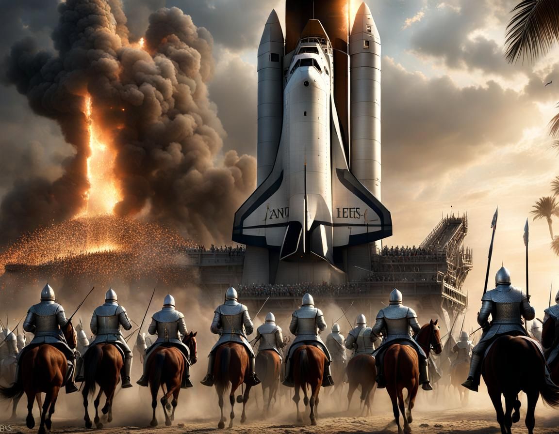 Medieval Army Attacks Space Shuttle, Digital Illustration