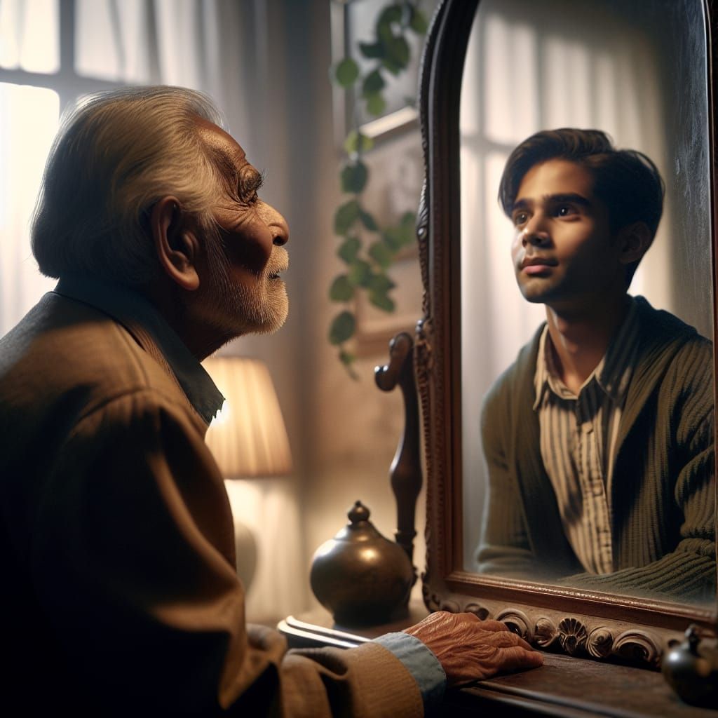 Elderly Man's Reflection: A Boy Stares Back