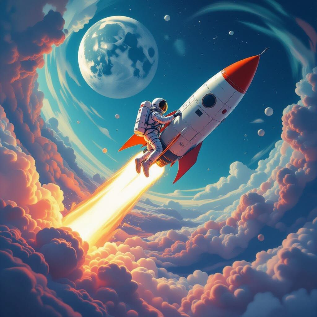 Astronaut Leaps to Retro Rocket Bound for the Moon