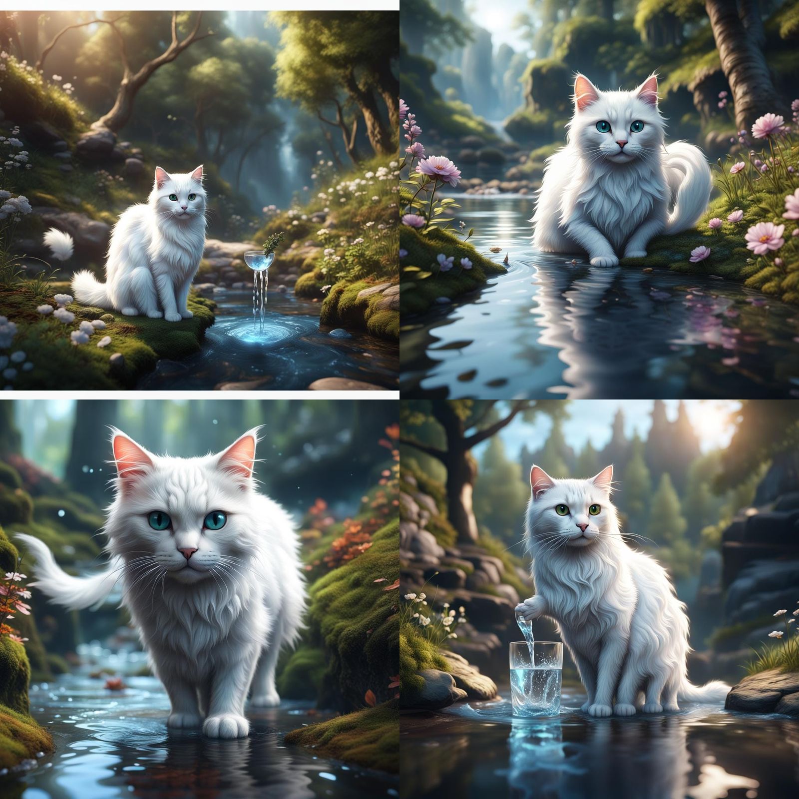 Fluffy White Cat Drinking from Forest River
