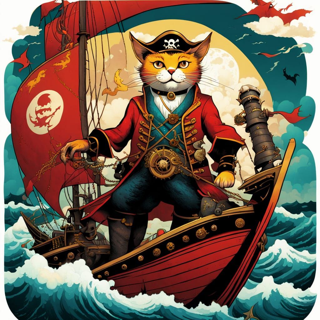Steampunk Feline Pirate Captain on a Vintage Japanese Vessel