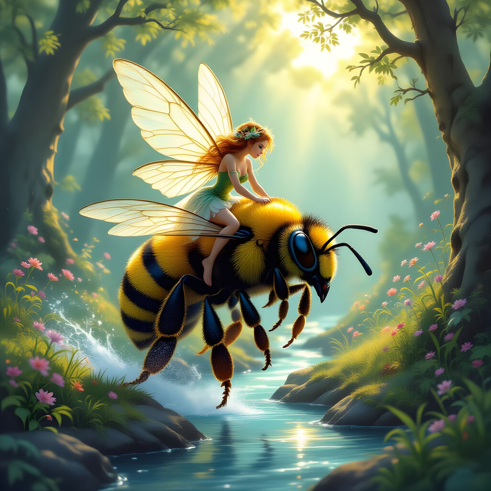 Fairy Rides Muscular Bee Through Enchanted Forest Stream
