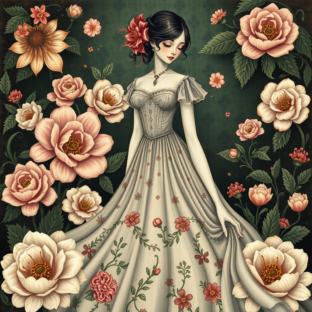 Whimsical Woman in Vintage Dress with Flowers