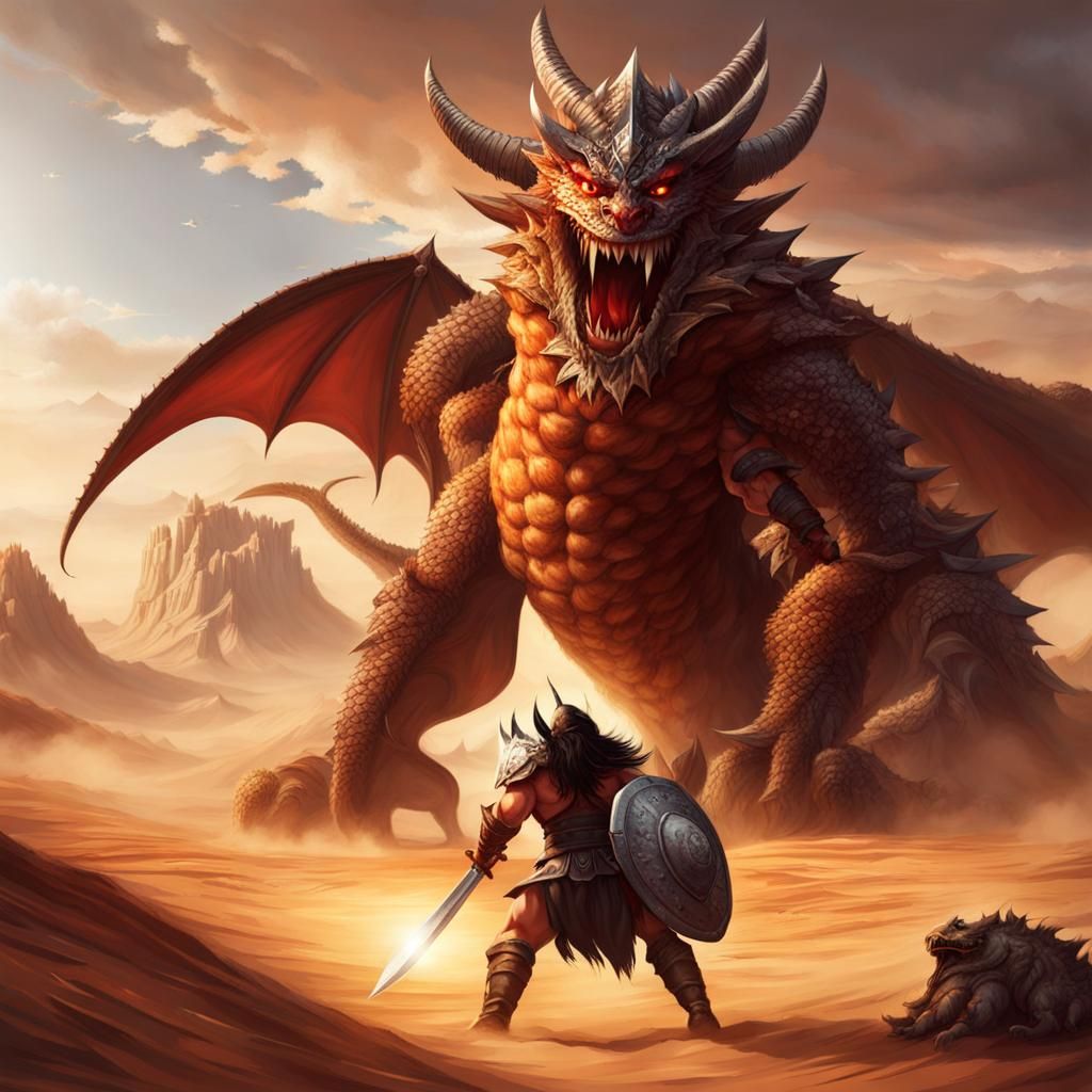 Barbarian Warrior vs Dragon in Desert Battle