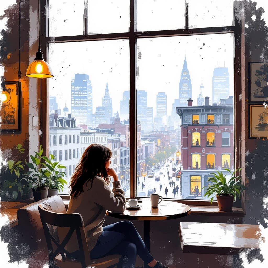 Cozy Cafe Scene Overlooking Cityscape in Digital Art Style