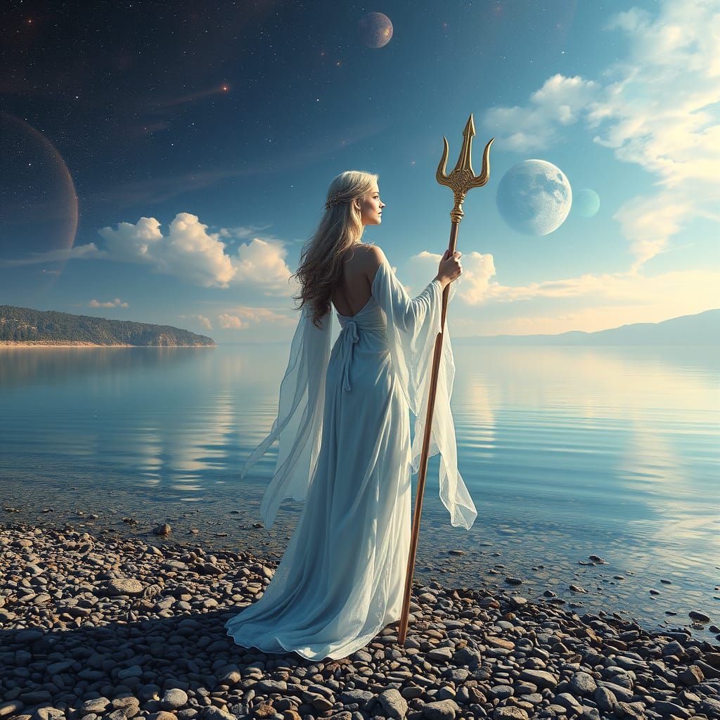 Goddess with Trident by Lake: Holographic Astral Illustratio...