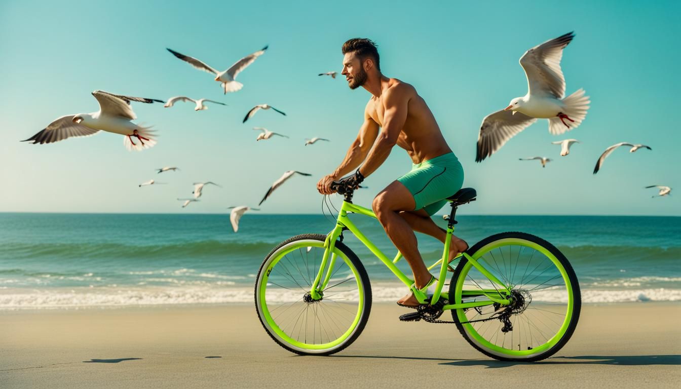 Man Rides Bicycle on Beach in Vibrant Colors