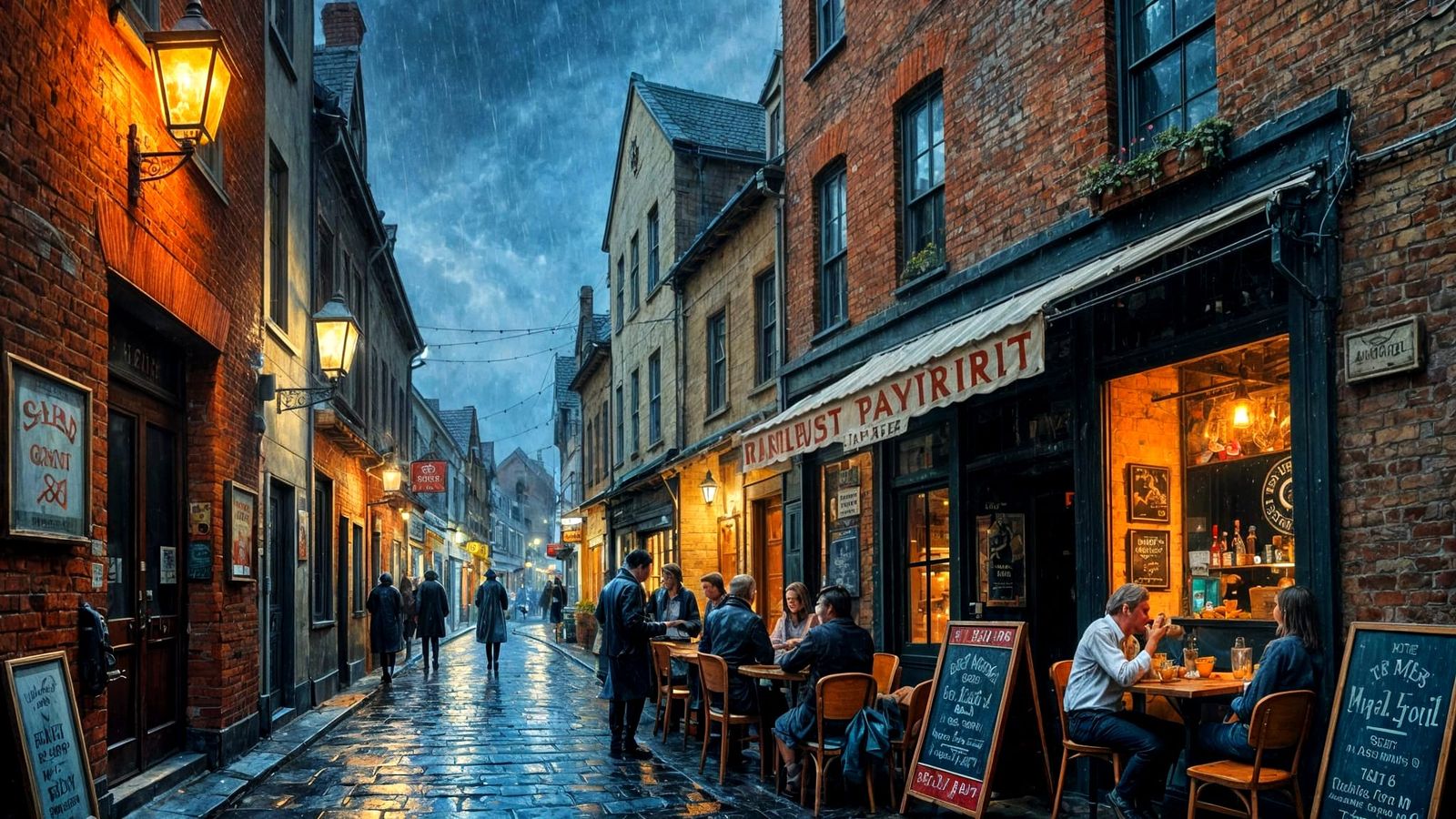 Lively Tavern Alley in Vintage Oil Painting Style