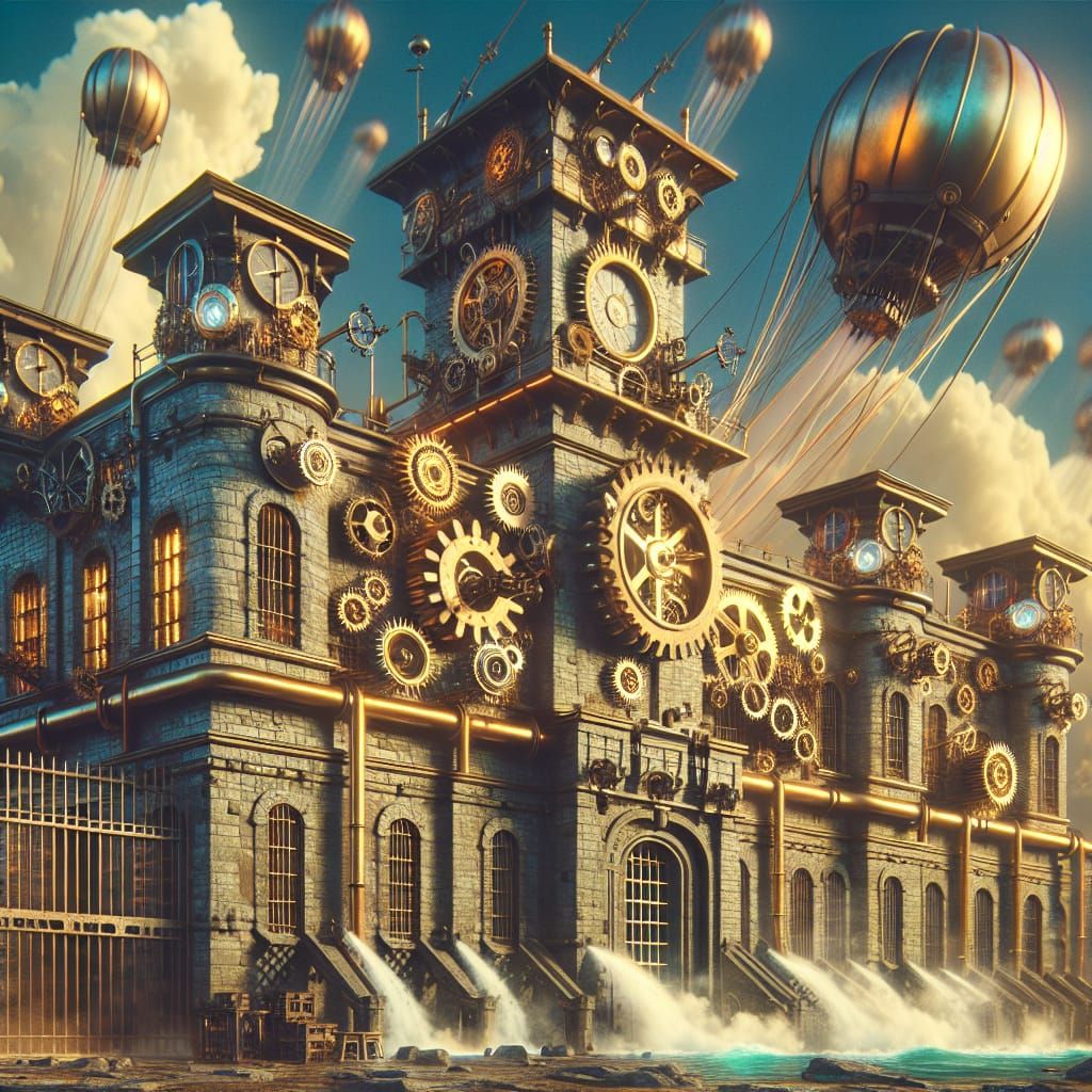 Steampunk Prison with Clockwork Gears and Airships