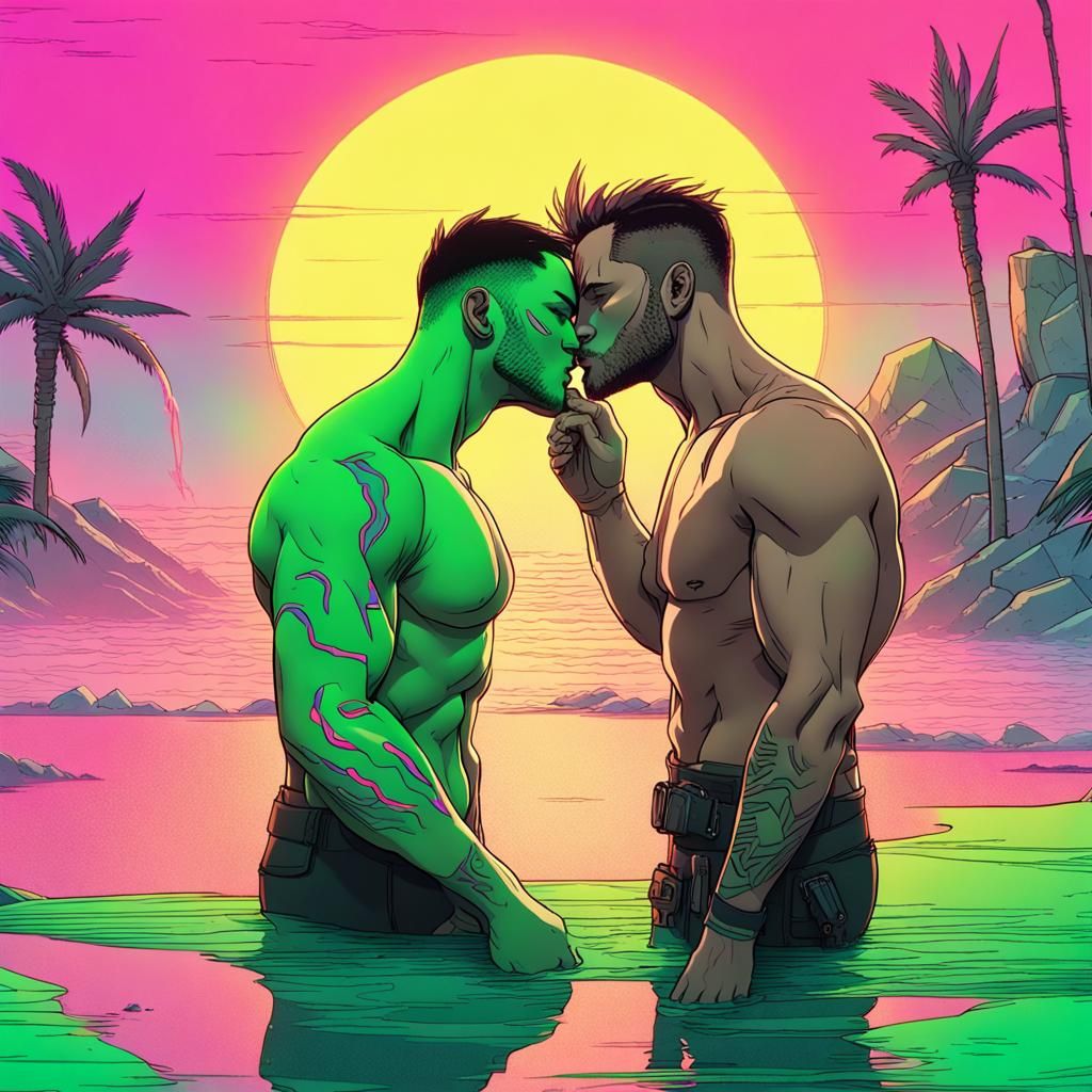 Shirtless Men Kissing on Beach in Cyberpunk Style