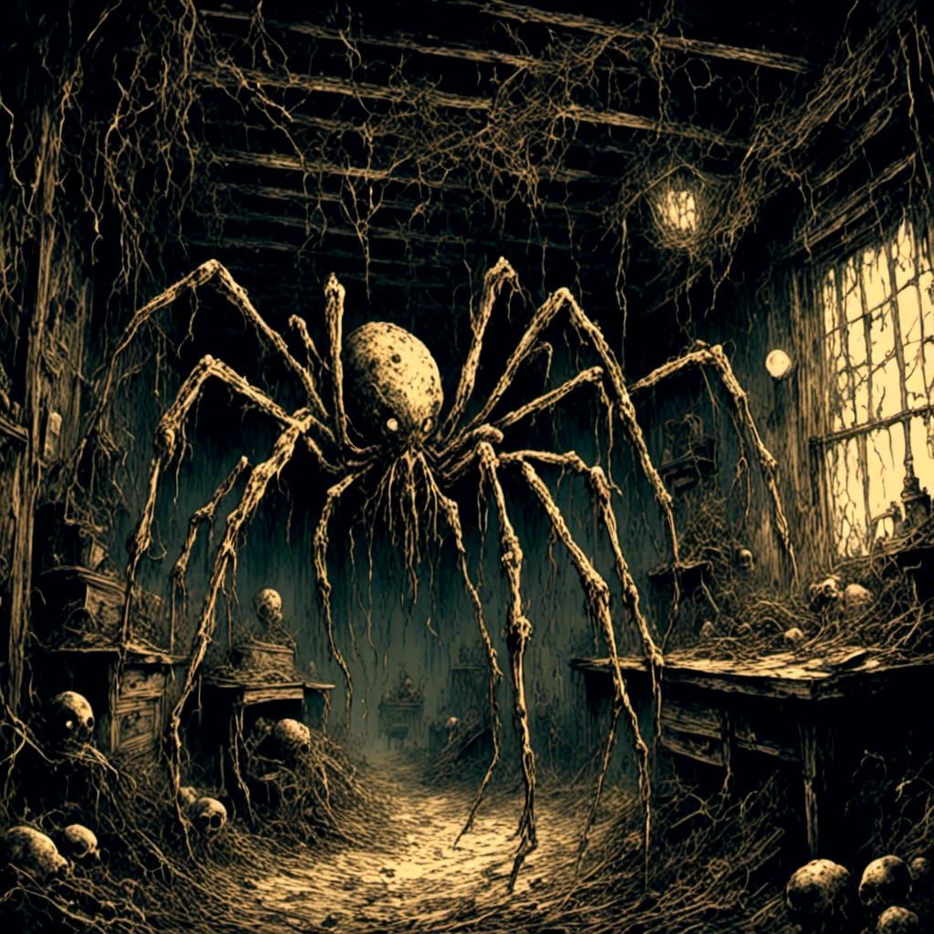 Giant Spider Monster in Dark Attic: Cinematic Horror