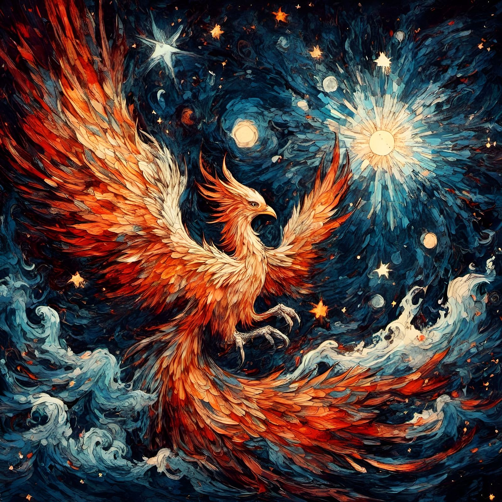 Fiery Phoenix in Starry Night: Fantasy Illustration