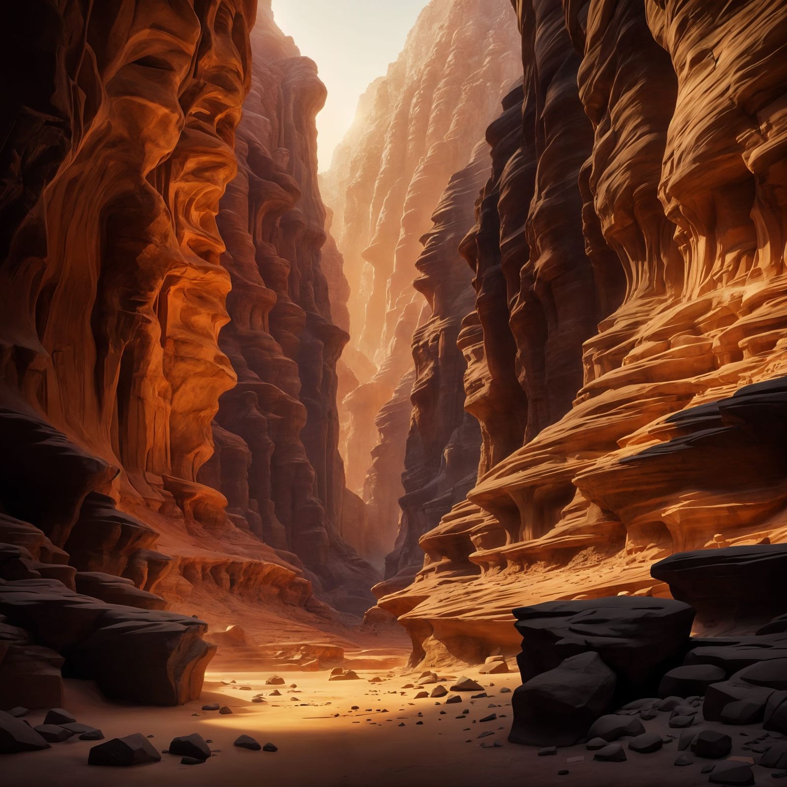 Epic Digital Canyon Landscape at Sunset with Intricate Detai...