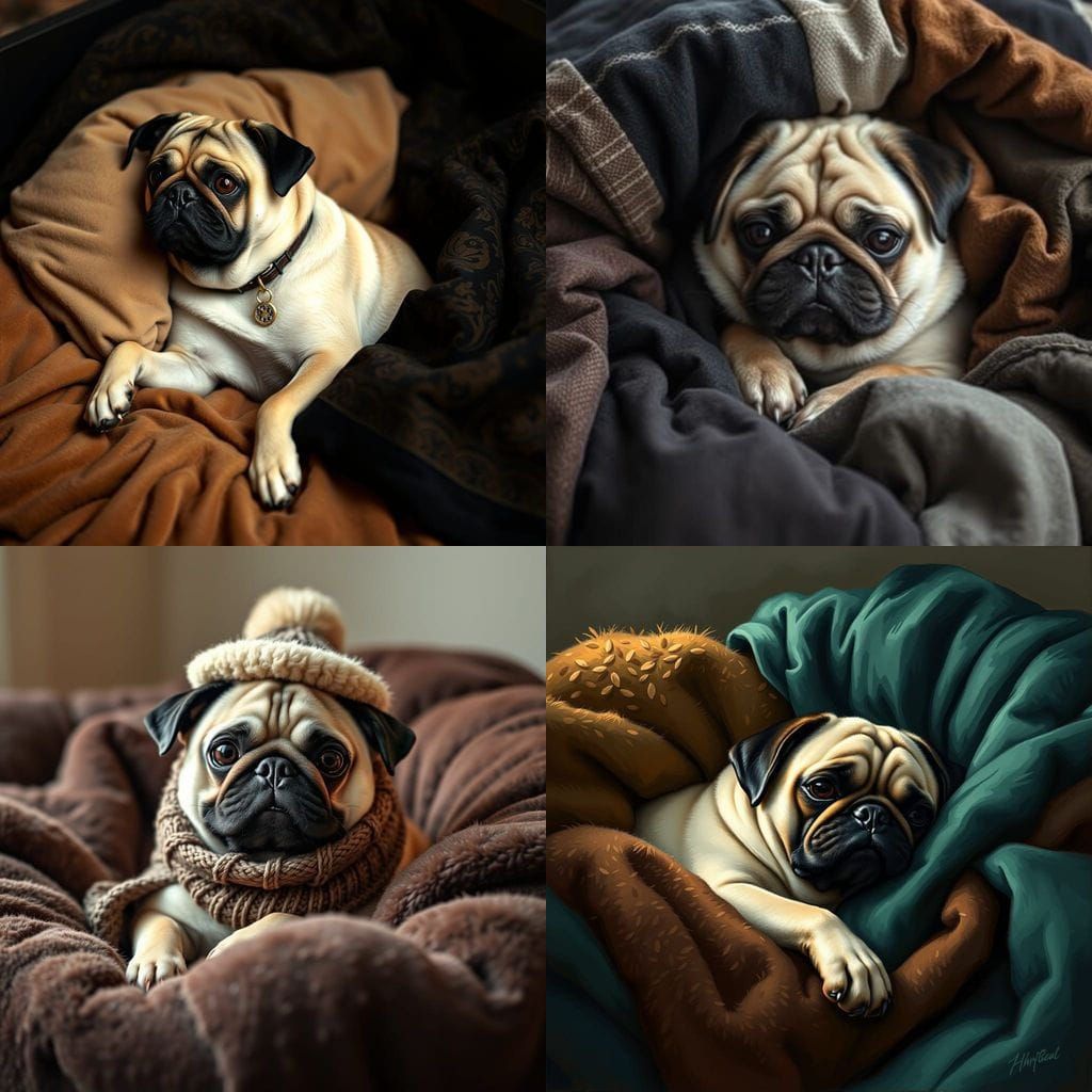 Cozy Pug Snuggles Up in Bed Amidst Darker Hued Blankets