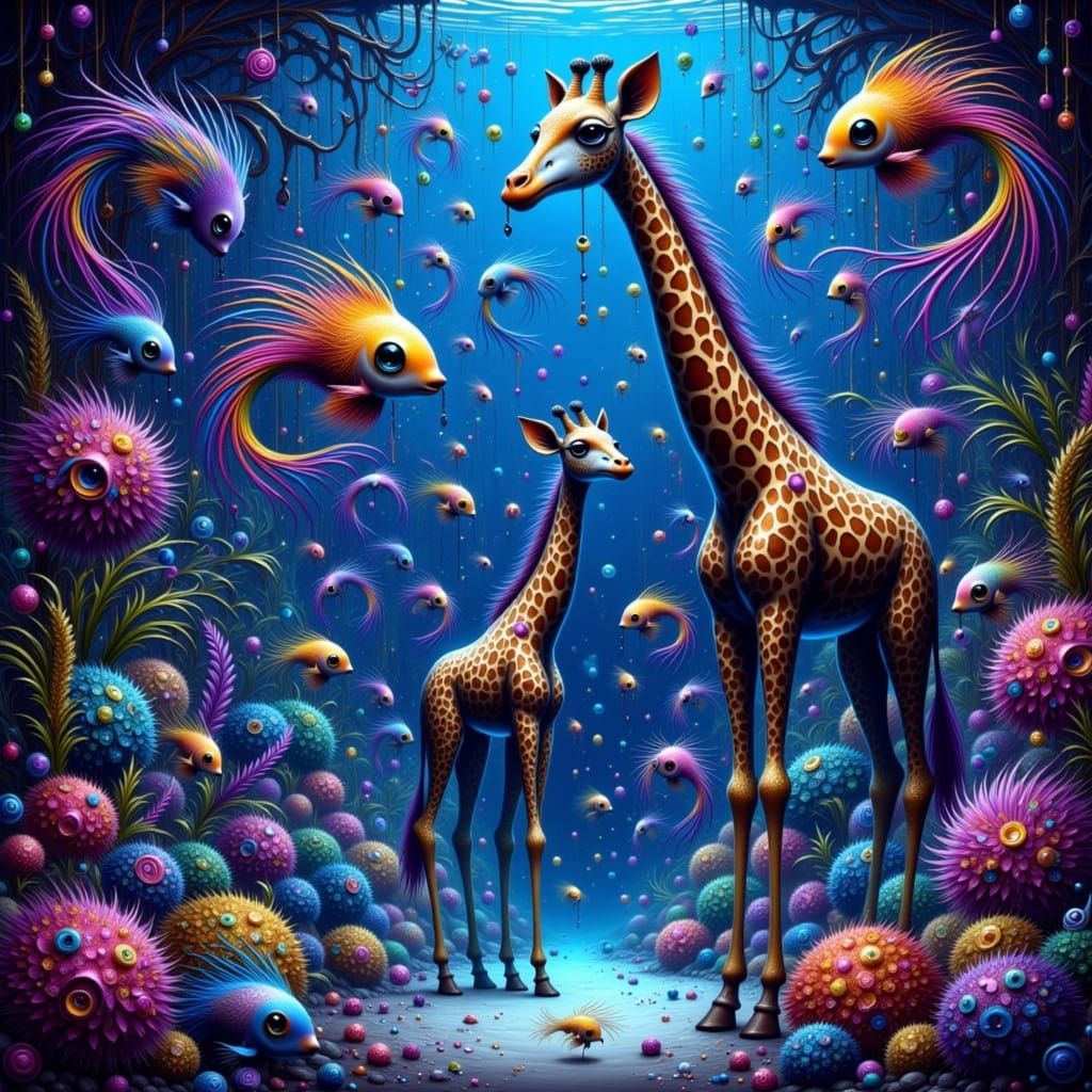 Giraffe-Fish Hybrids in Surreal Bioluminescent Aquarium