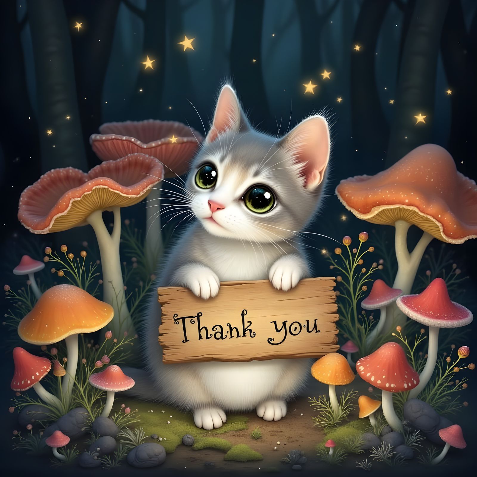 Tiny Pearl Cat Holding 'Thank You' Sign with Mushrooms and F...