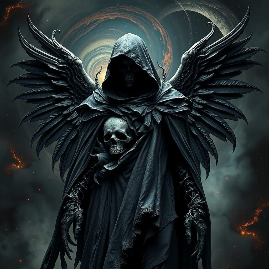 Gothic Death Angel with Biomechanical Wings and Hooded Cloak