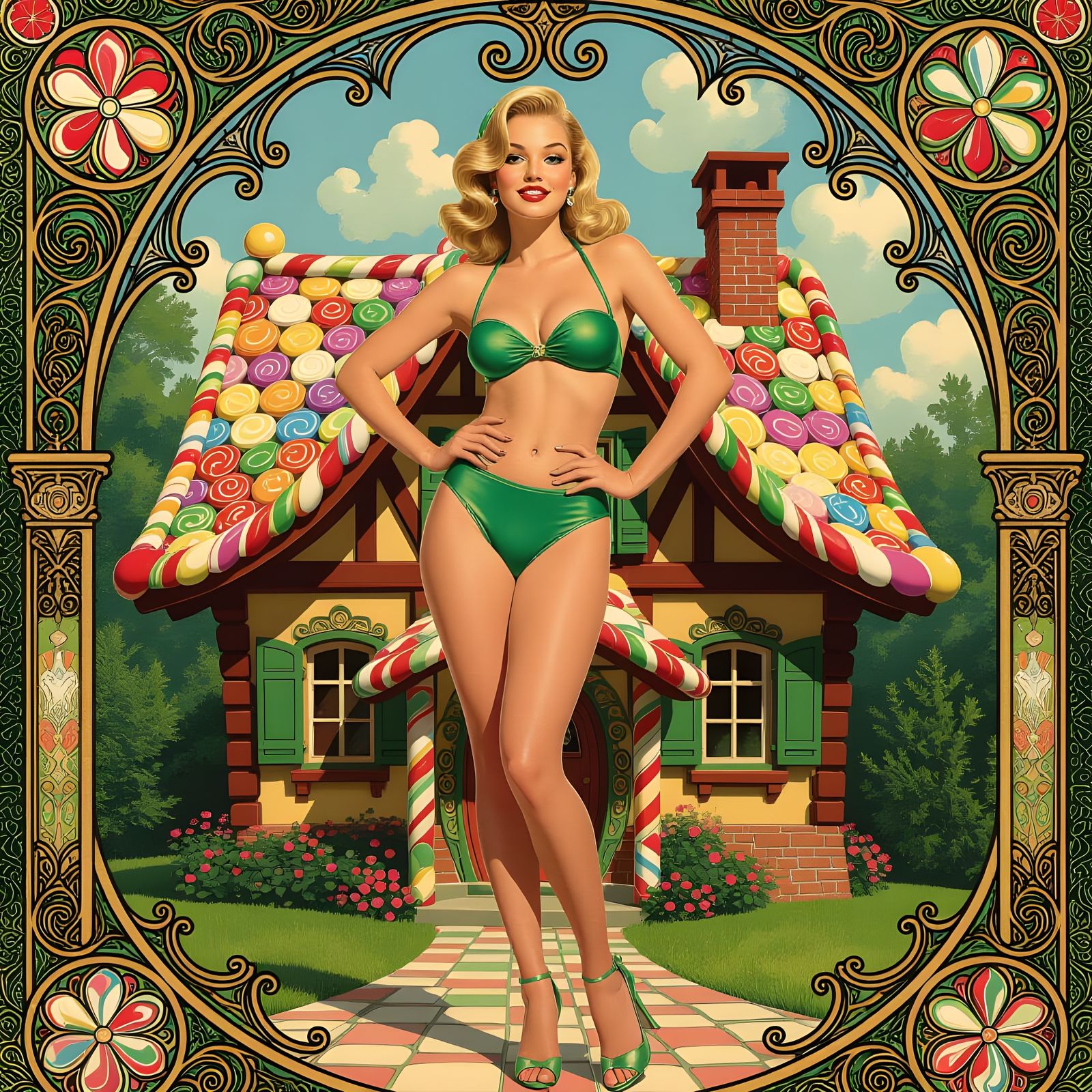 Gretel in Pin-Up Style with Alphonse Mucha Background