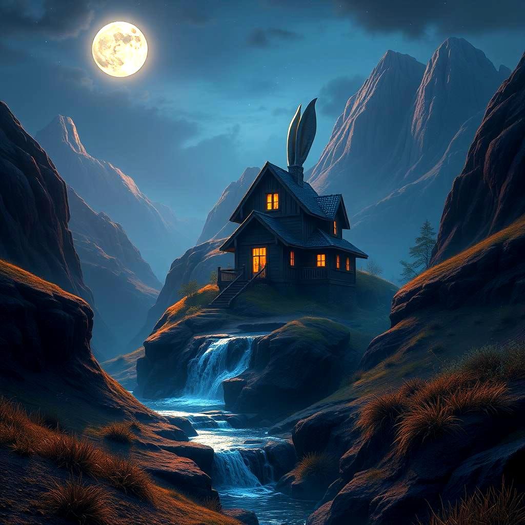 Moonlit Rabbit House in Brown Hills: Fantasy Concept Art