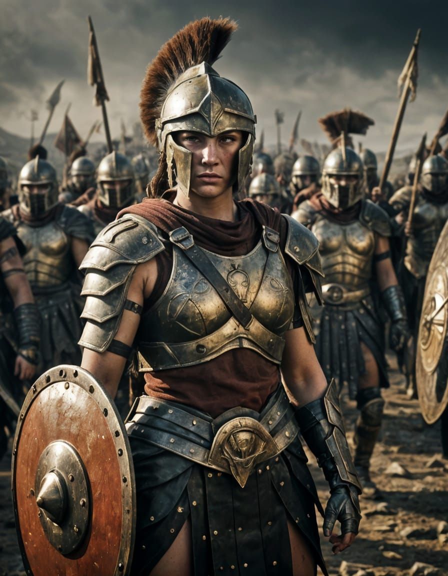 Gritty Portrait of Spartan Queen Gorgo Standing on Battlefie...