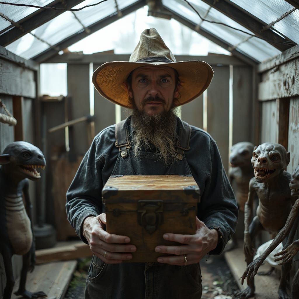 In the style of horror director Rob Schmidt. Ol' Jesse, grizzled old codger of the deepest Appalachian backwoods, empty ...