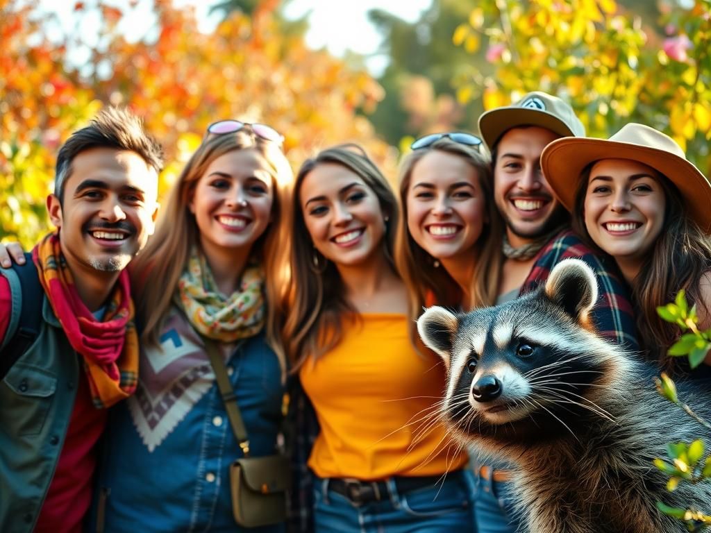 Friends' Joyful Outdoor Photo with Raccoon
