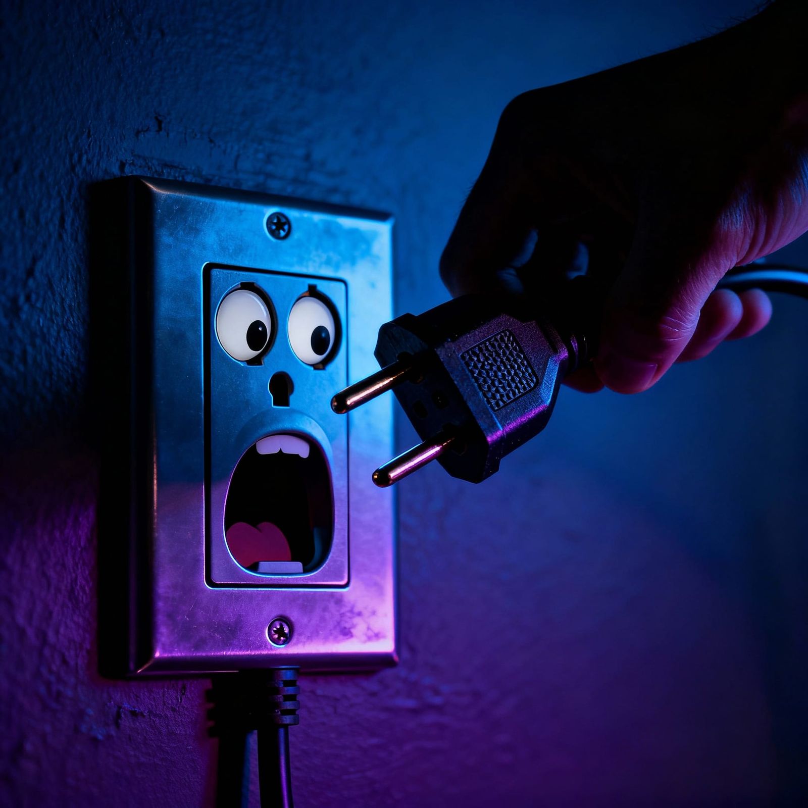 Horrified Wall Socket Faces Electrical Plug in Cinematic Sti...