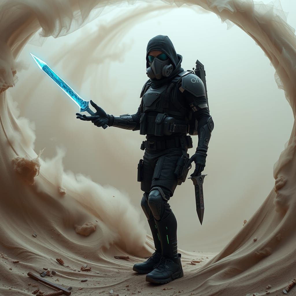 Cyberpunk Assassin in Sand Vortex with Glowing Daggers